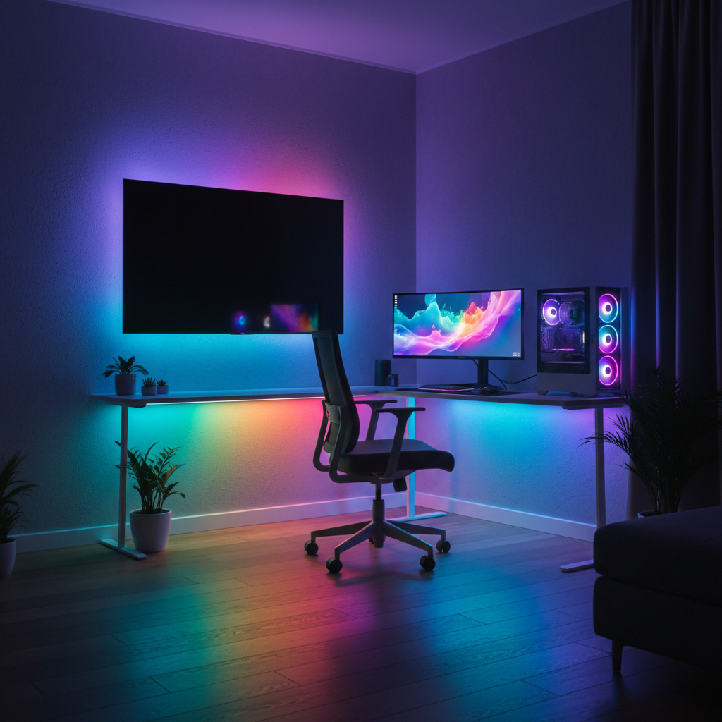 RGB LED Strip Lights glowing in multiple colors in a modern room setup