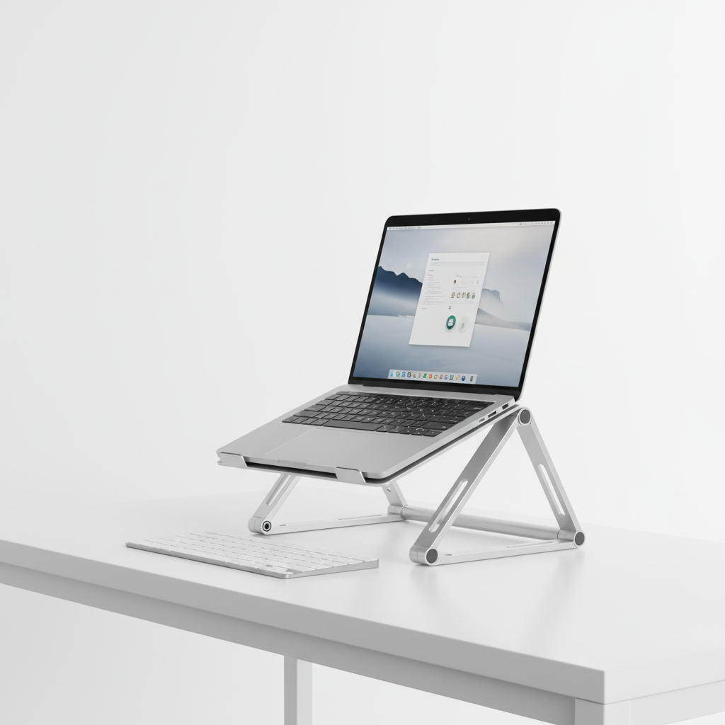 Foldable aluminium laptop stand on a clean modern desk